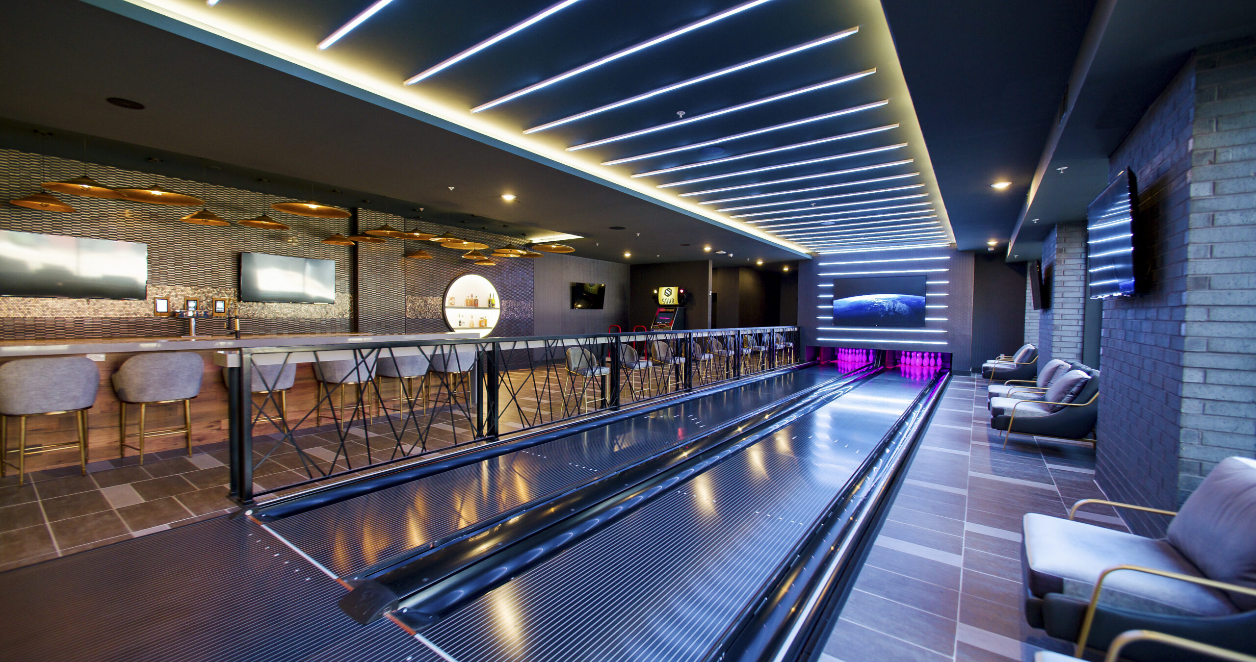 Resident bowling alley at SoHo Apartments